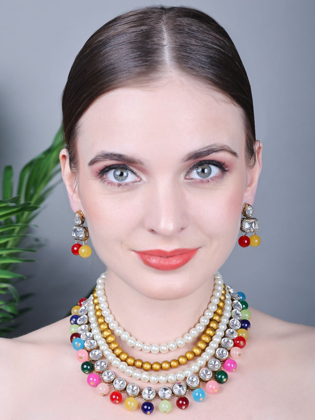 JN HANDICRAFT Copper-Plated Kundan Studded & Beaded Jewellery Set