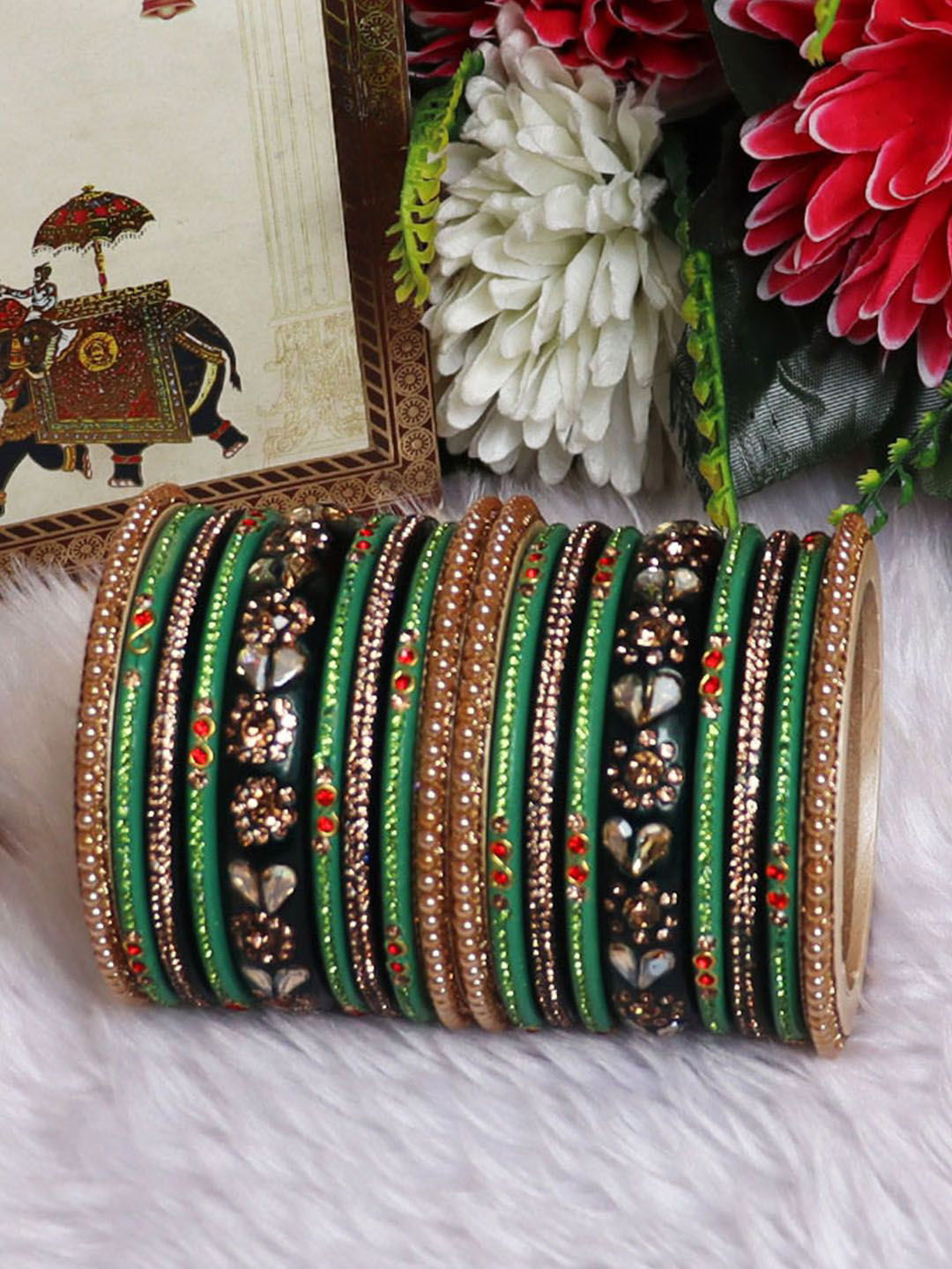 TAJ BRIDAL STORE Set Of 18 Kundan & Rhinestones Bridal Bangles