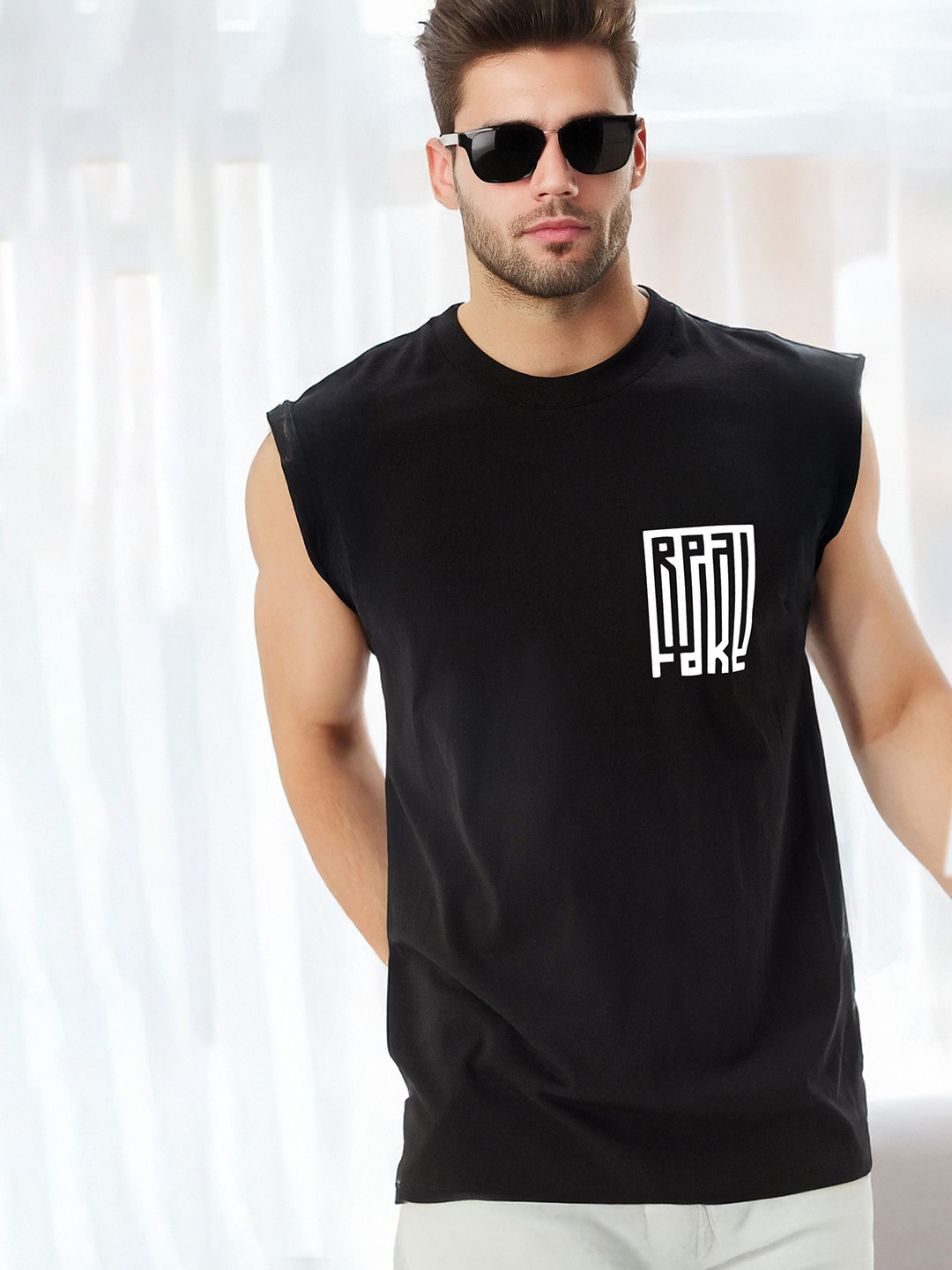 TRIPR Typography Printed Round Neck Sleeveless Cotton T-shirt