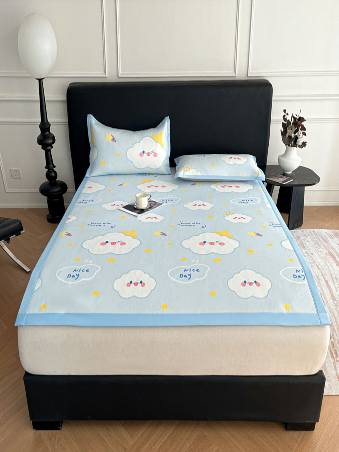 JC HOME Blue Conversational Polycotton 160 TC Fitted Single Bedsheet with a Pillow Cover-160 x 230 cm