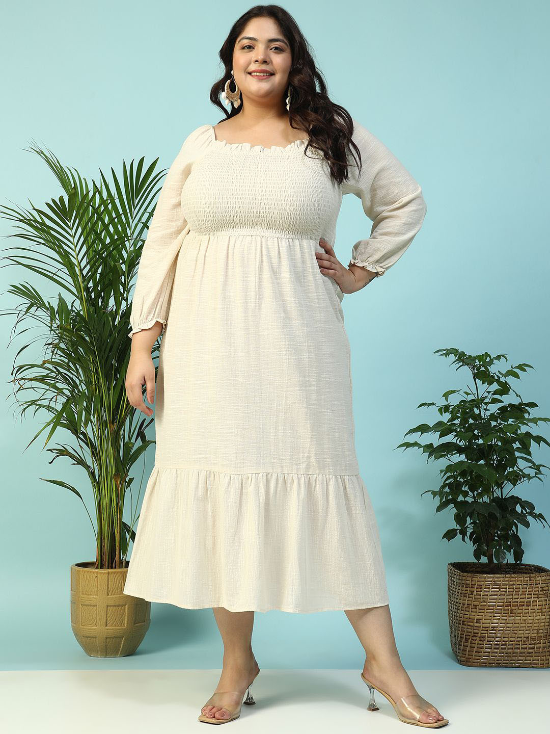 Oxolloxo Plus Size Square Neck Three-Fourth Sleeve Long Cotton Gauz Dress