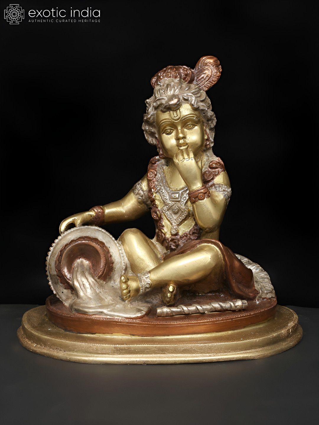 Exotic India Gold-Toned & Silver Toned Lord Krishna Religious Brass Idol Showpiece