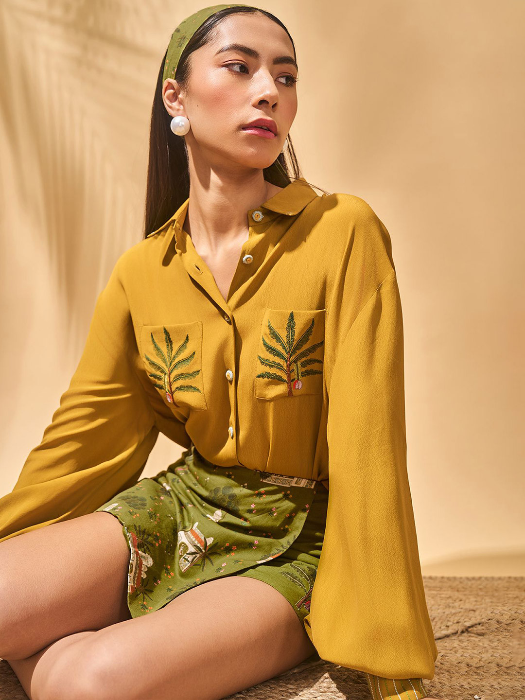 Masaba Trellis Women Palm Mustard Relaxed Fit Printed Spread Collar Casual Shirt
