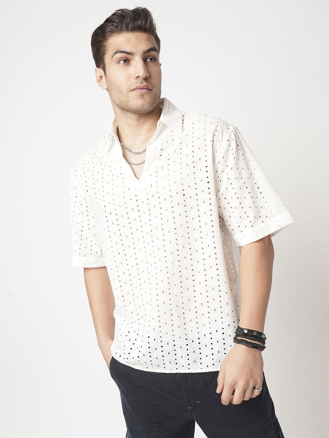 VASTRADO Men Schiffli Classic Fit Oversized Polo Cotton Casual Shirt