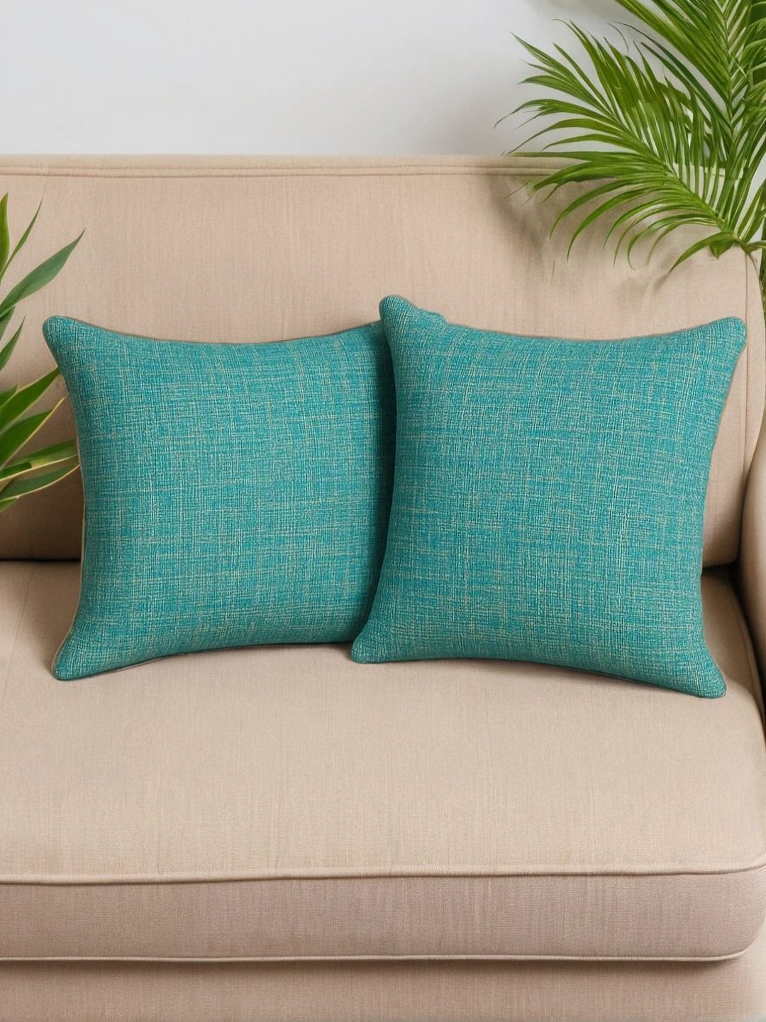 STITCHNEST Jute Silk Durable 2 Piece Textured Square Cushion Covers - 23.6 x 23.6 Inches