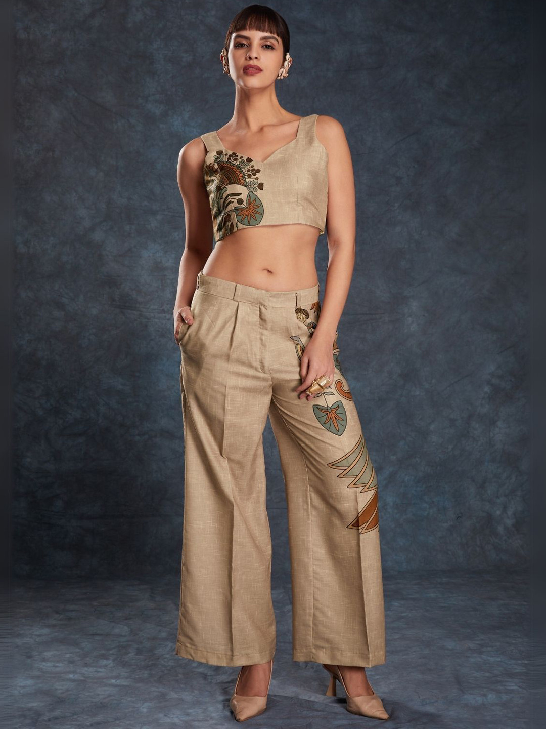 ODETTE Brown Linen Printed Stitched Co-Ord Set