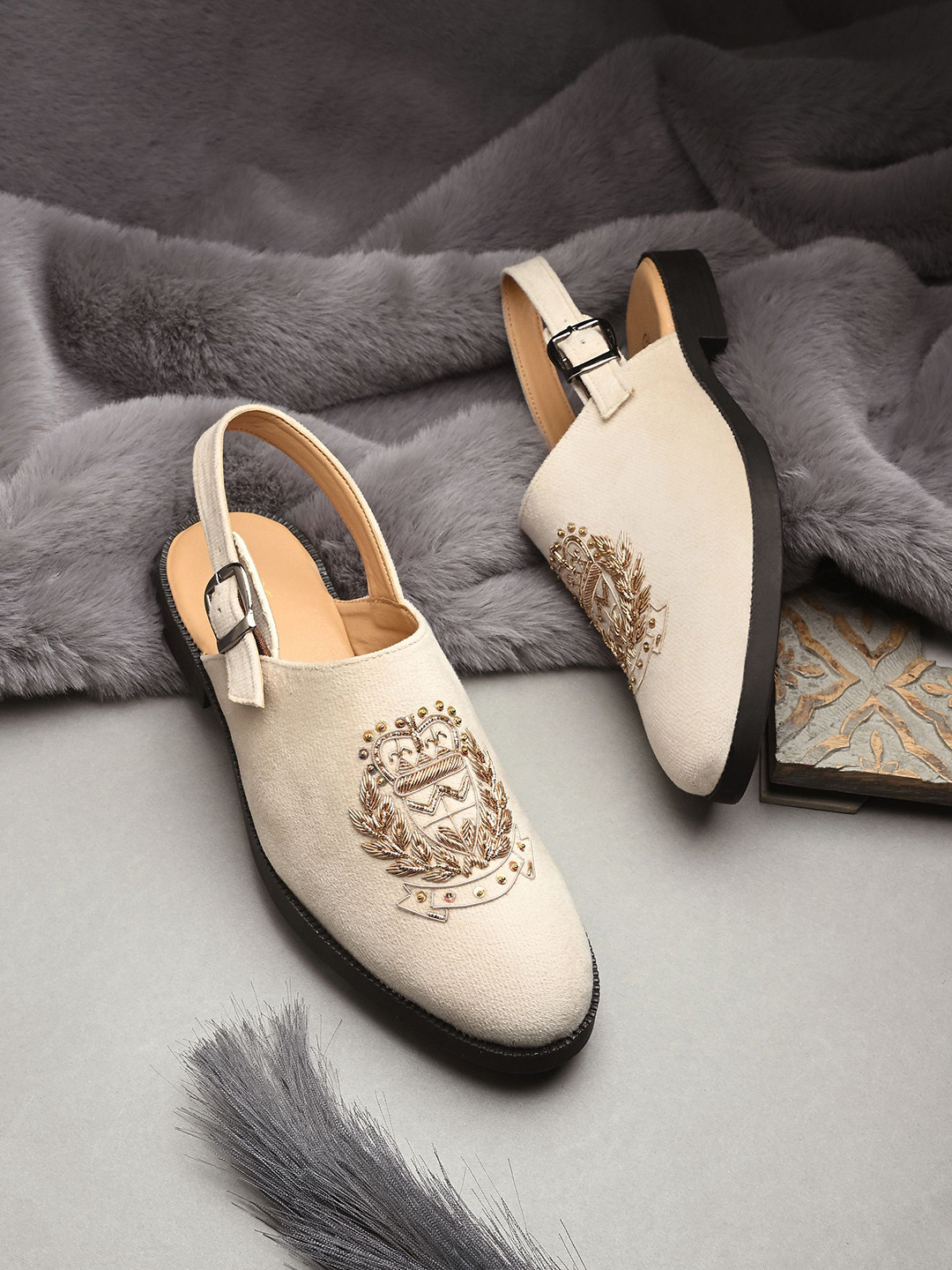 Men Cream Western Embellished Mules