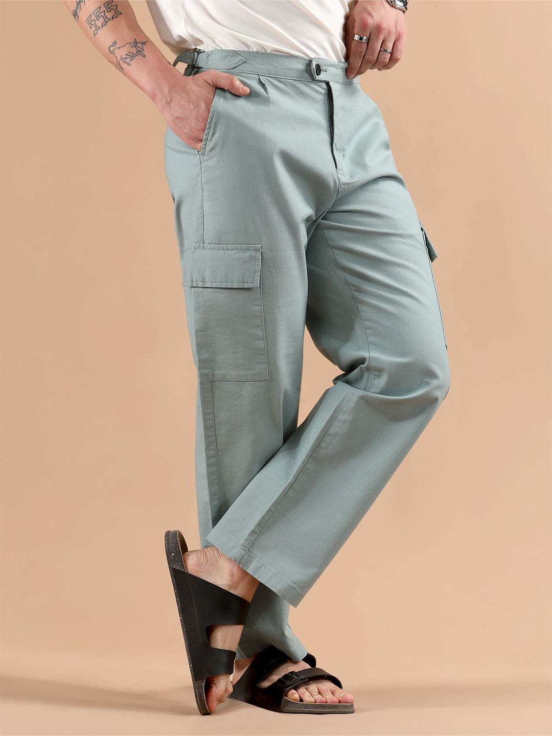 Beyoung Men Original Straight Fit Wrinkle Free Adjustable Side Buckle Cotton Trouser