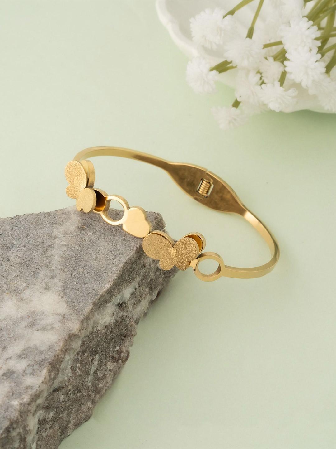 RHOSYN Stainless Steel Gold Plated Emerald Studded Cuff Bracelet