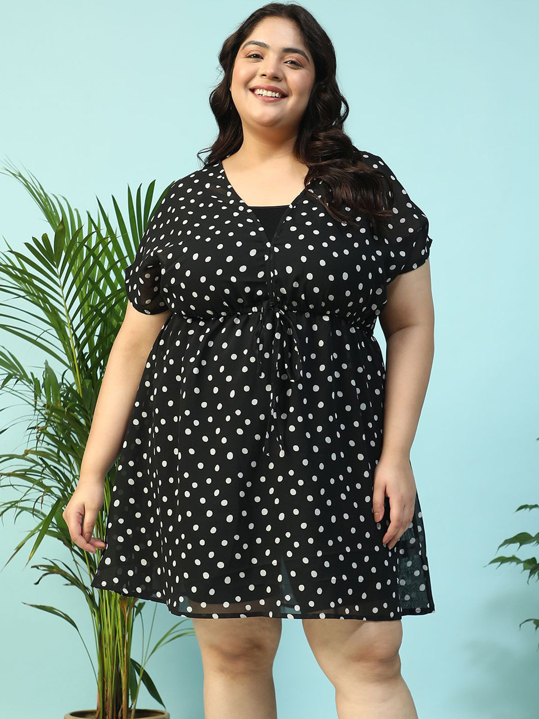 Oxolloxo Plus Size Black Polka Dot Print Elasticated Waist Tie-Up Detail Kaftan