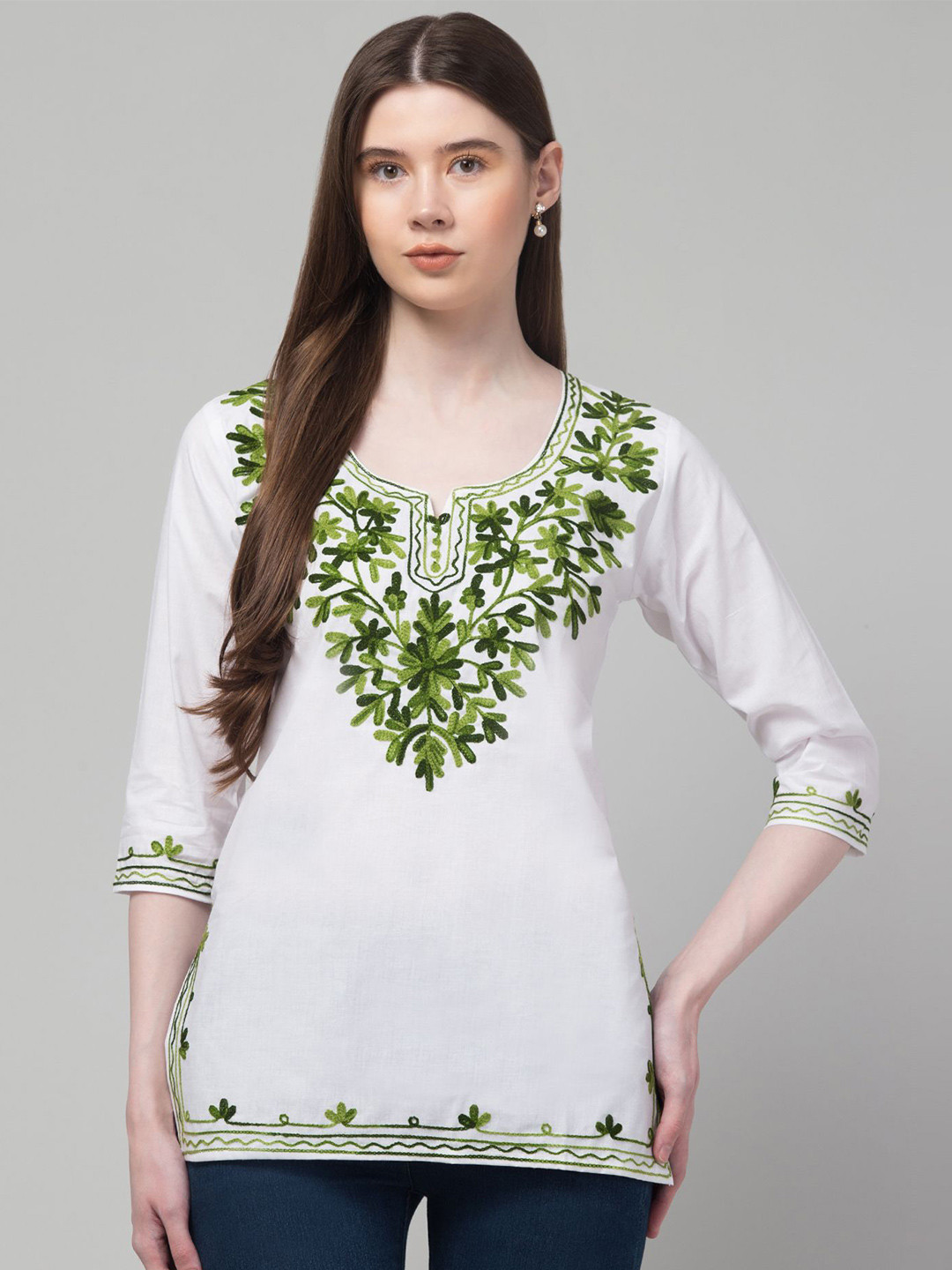 CROWN KING Floral Embroidered Pure Cotton Kurti