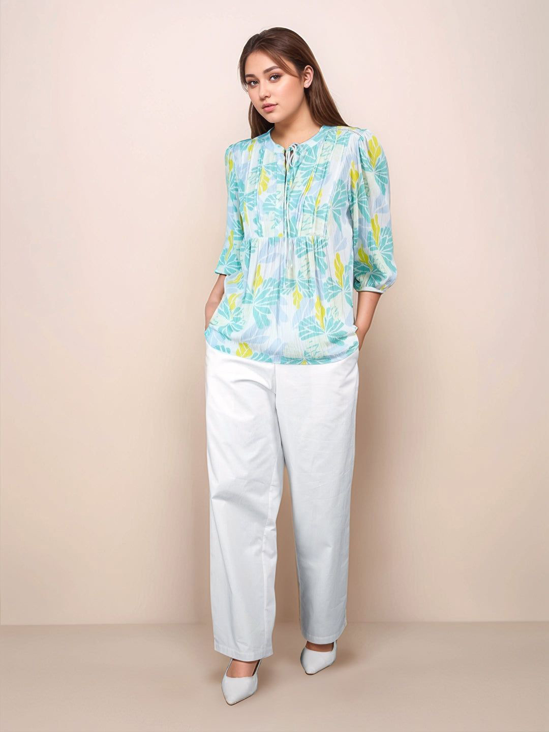 Zink London Tropical Print Mandarin Collar Blouses & Tops