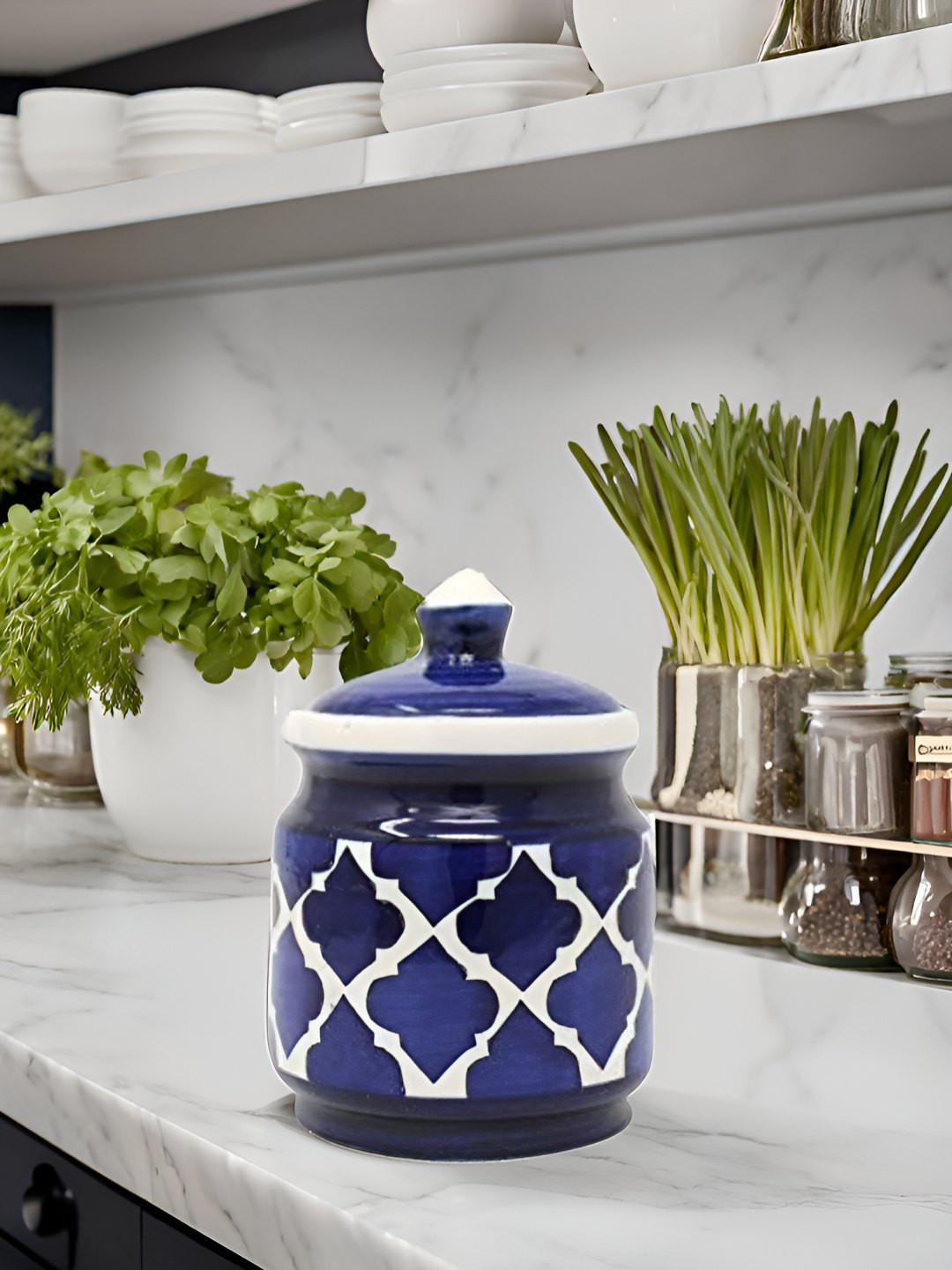 Kraftlik Handicraft 17-Pj1-Nc1 Blue Floral Ceramic Easy To Clean Clip-On Canister-1L