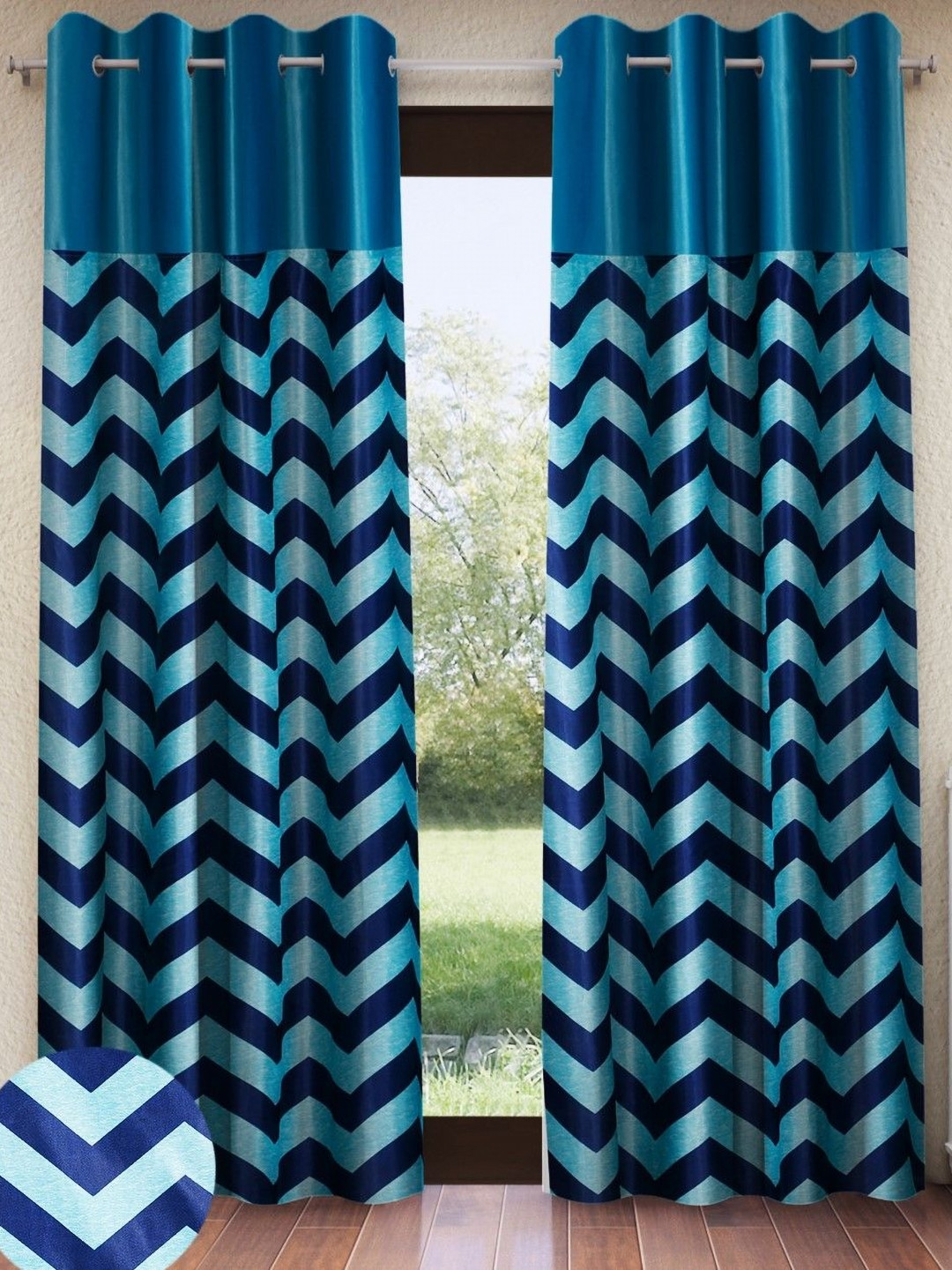 Home Sizzler Blue & Navy Blue Set of 2 Geometric Long Door Curtain