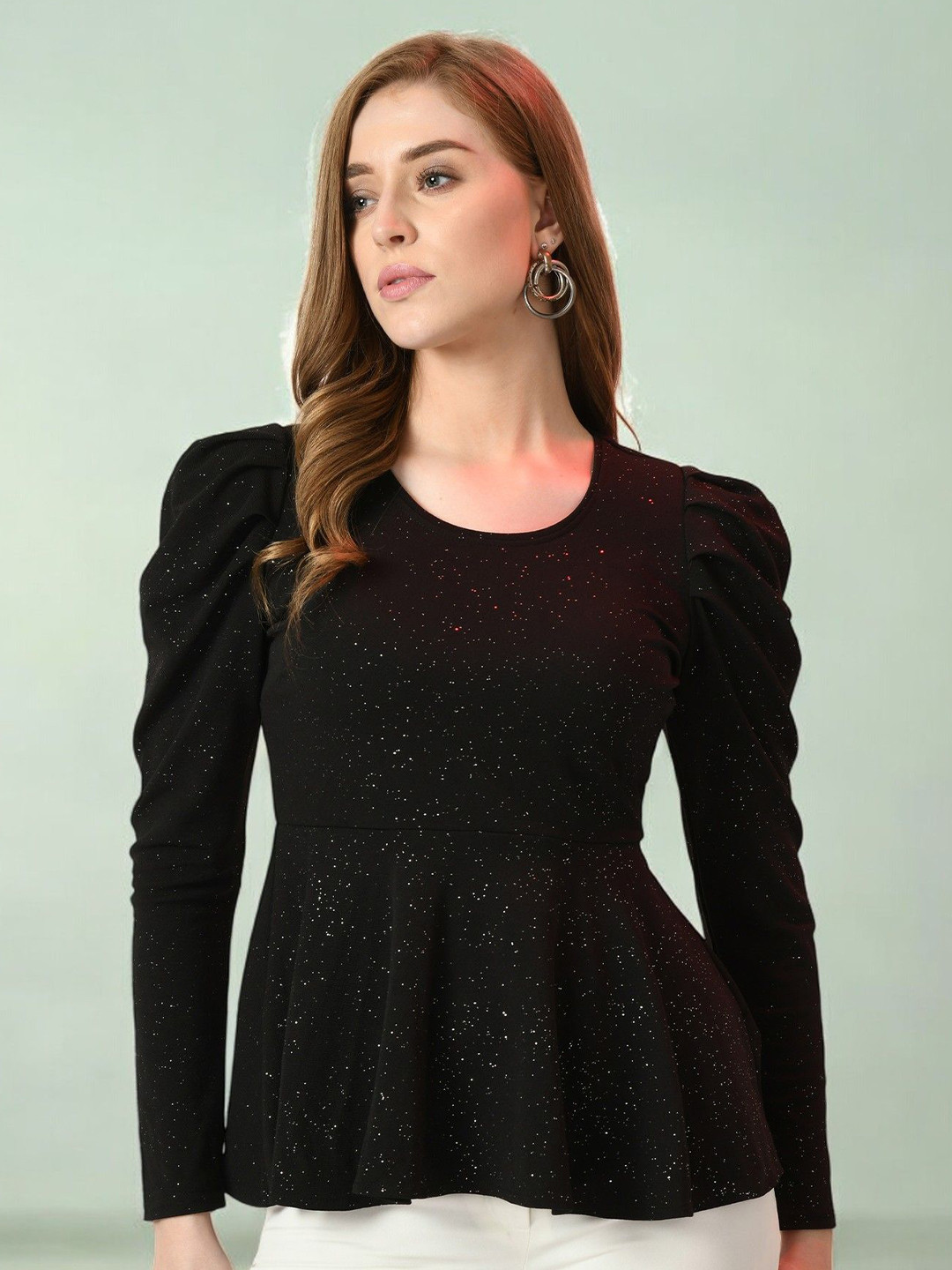 IUGA Glitter Puff Sleeves Peplum Top