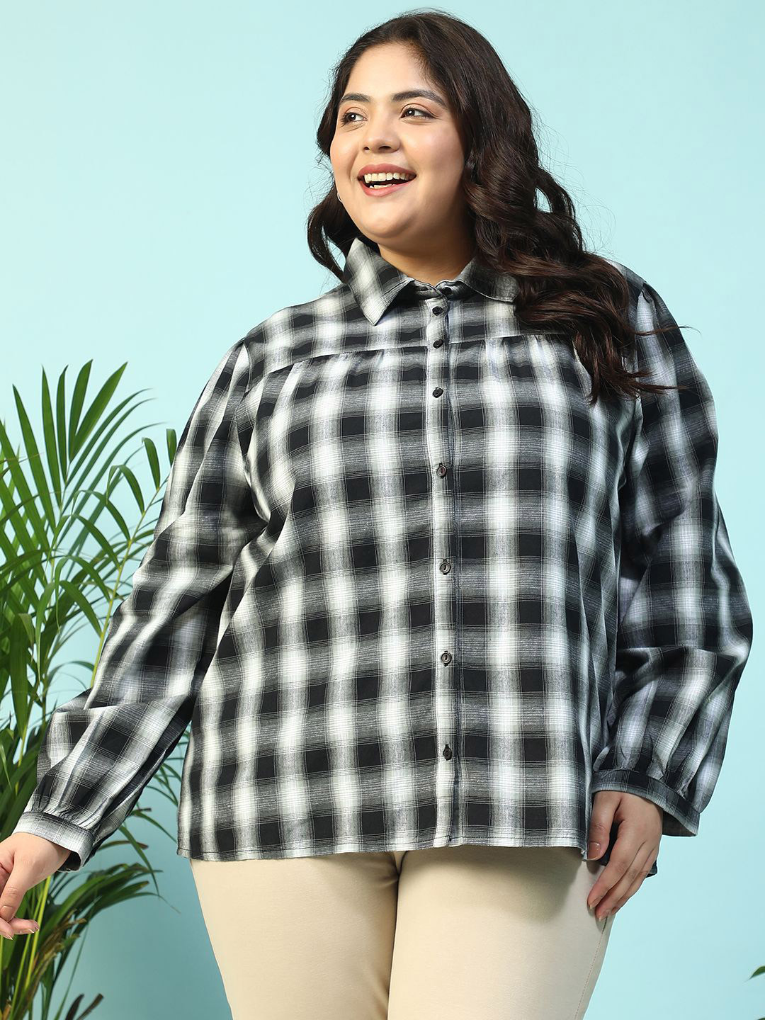 Oxolloxo Plus Size Black Yarn-Dyed Check Long Sleeve Button Down Dobby Meld Shirt