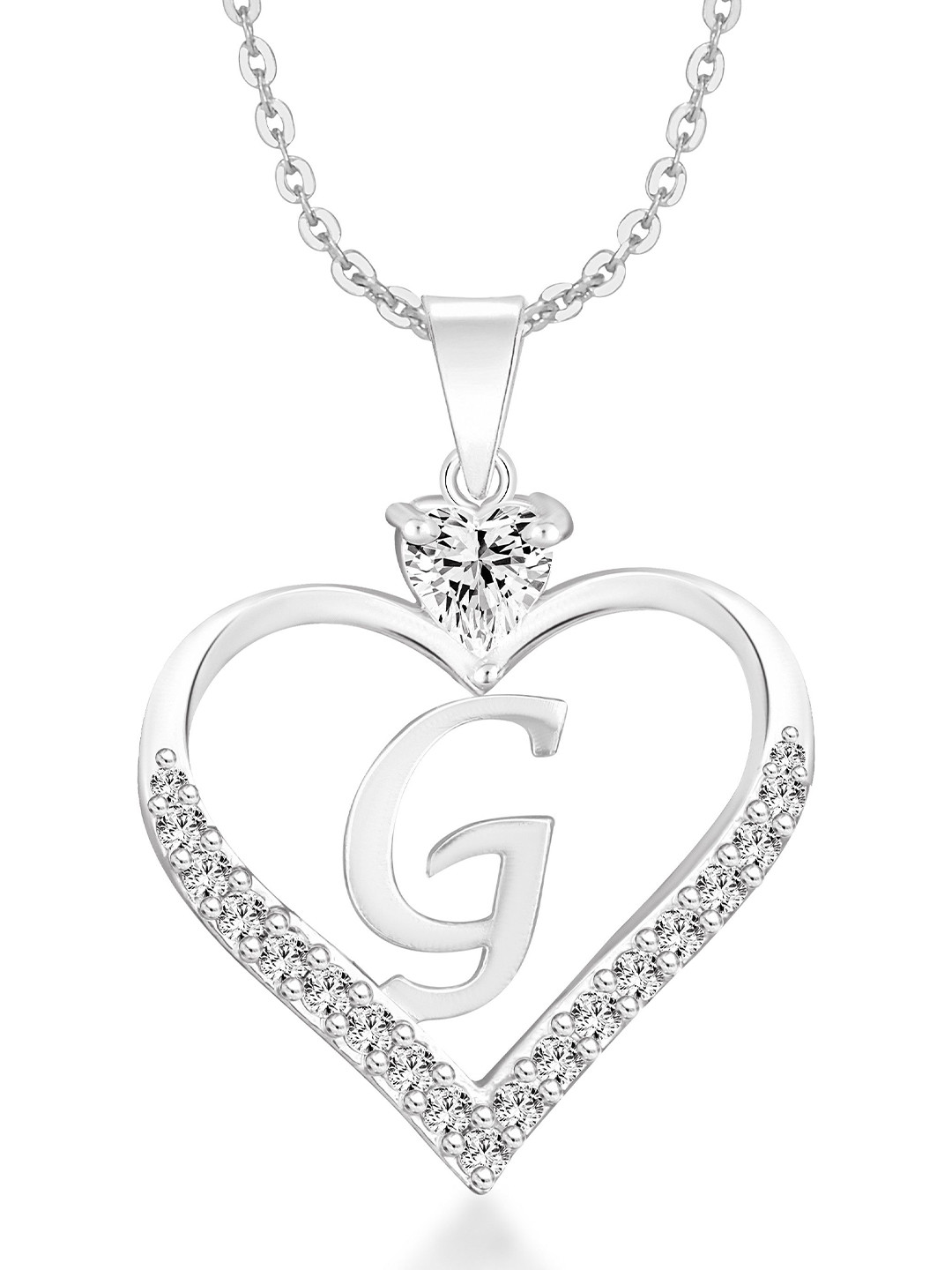 Heer Collection Heart Shaped Alphabet 'G' Cubic Zirconia Studded Pendants With Chains