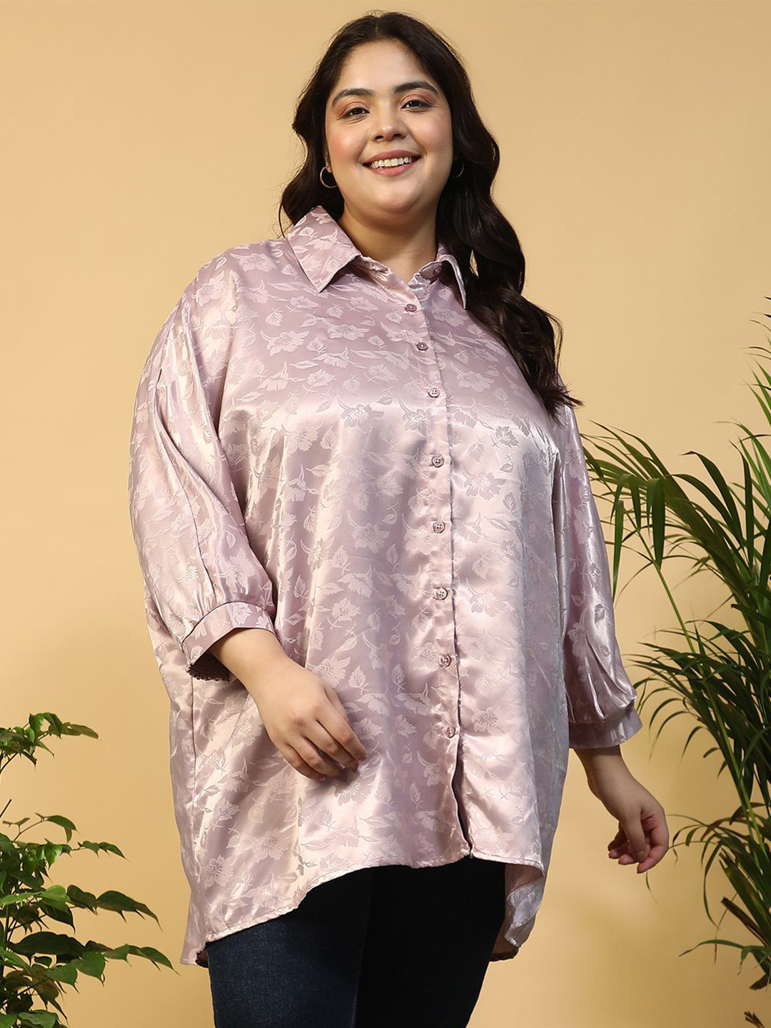 Oxolloxo Curve Plus Size Lilac Floral Print Collared Button Down Oversized Shirt