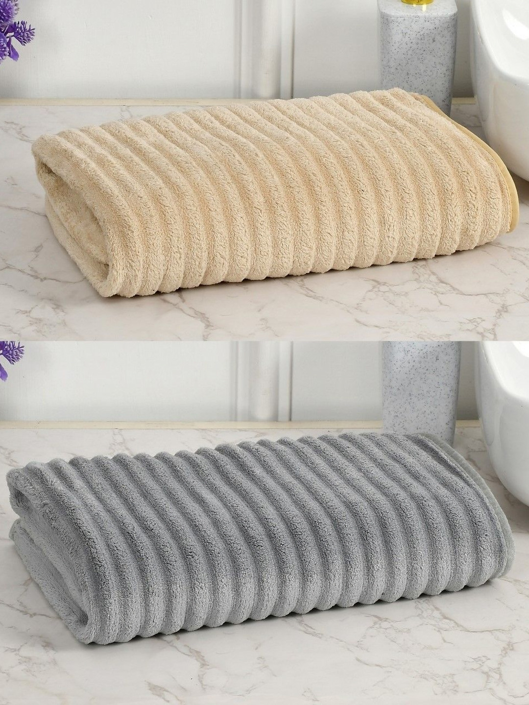 Cotton Bolls Textiles Beige & Grey 2 Pieces 300 GSM Microfiber Bath Towel