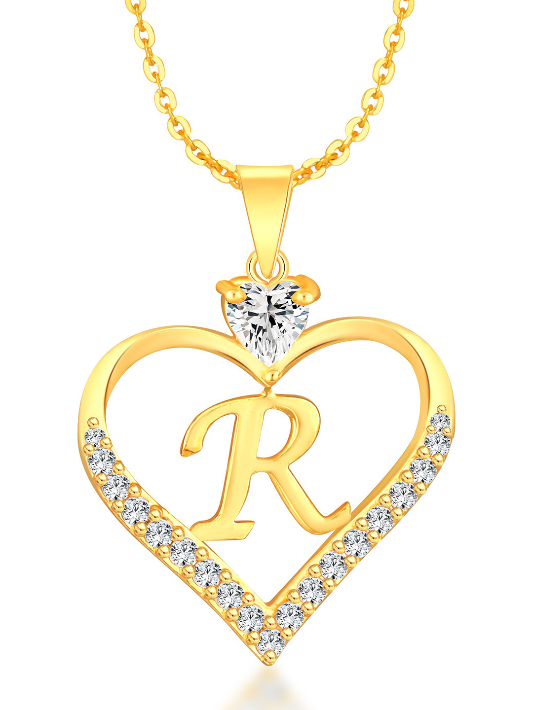 Heer Collection Cubic Zircon Studded Heart Shape Alphabet 'R' Pendant With Chain