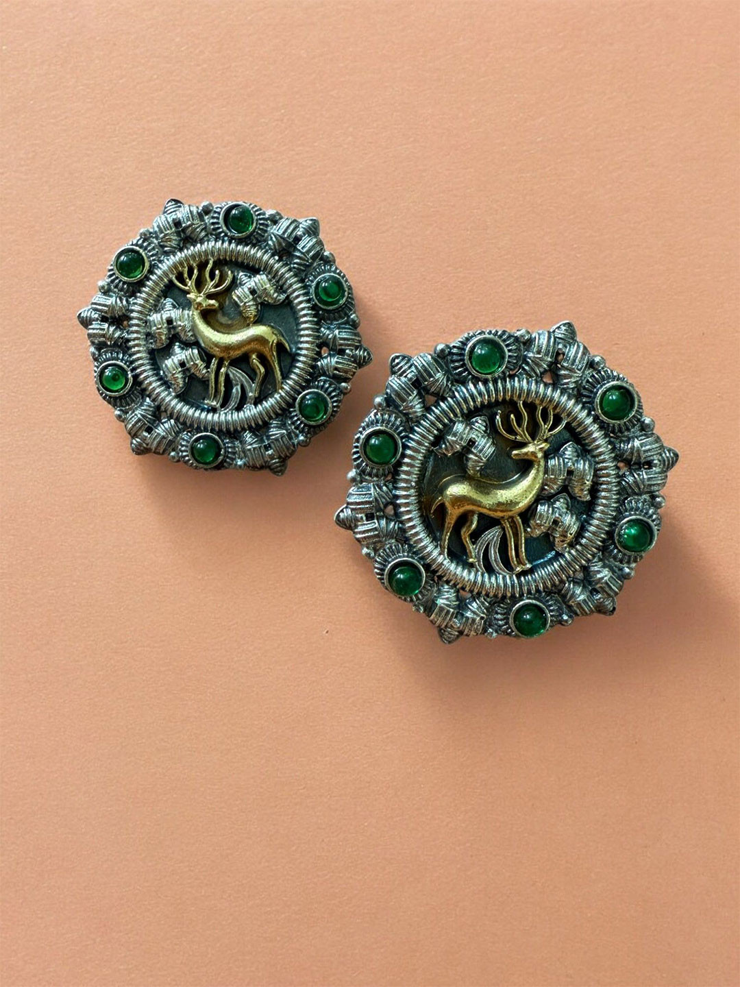 Rebekah Silver Plated Artificial Stones Studded Deer Motif Circular shaped Studs Earrings