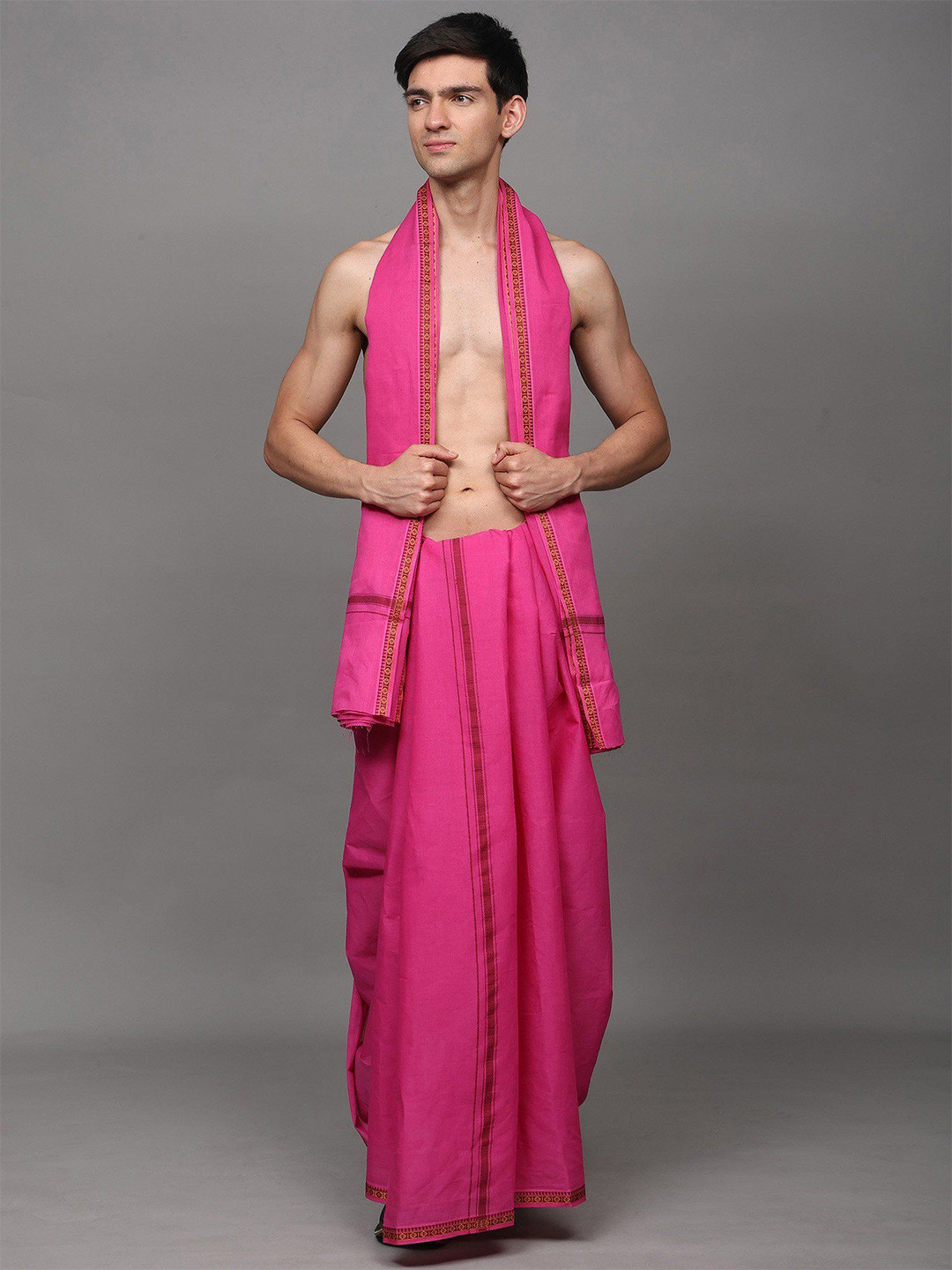 Exotic India Men Dhoti with Angavastram Set and Thread Woven Rudraksha Border from Odisha