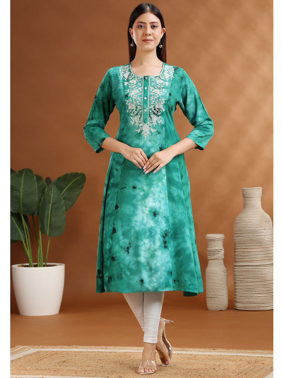 COTTON CULTURE Women Green Rayon A Line Embroidered Kurta