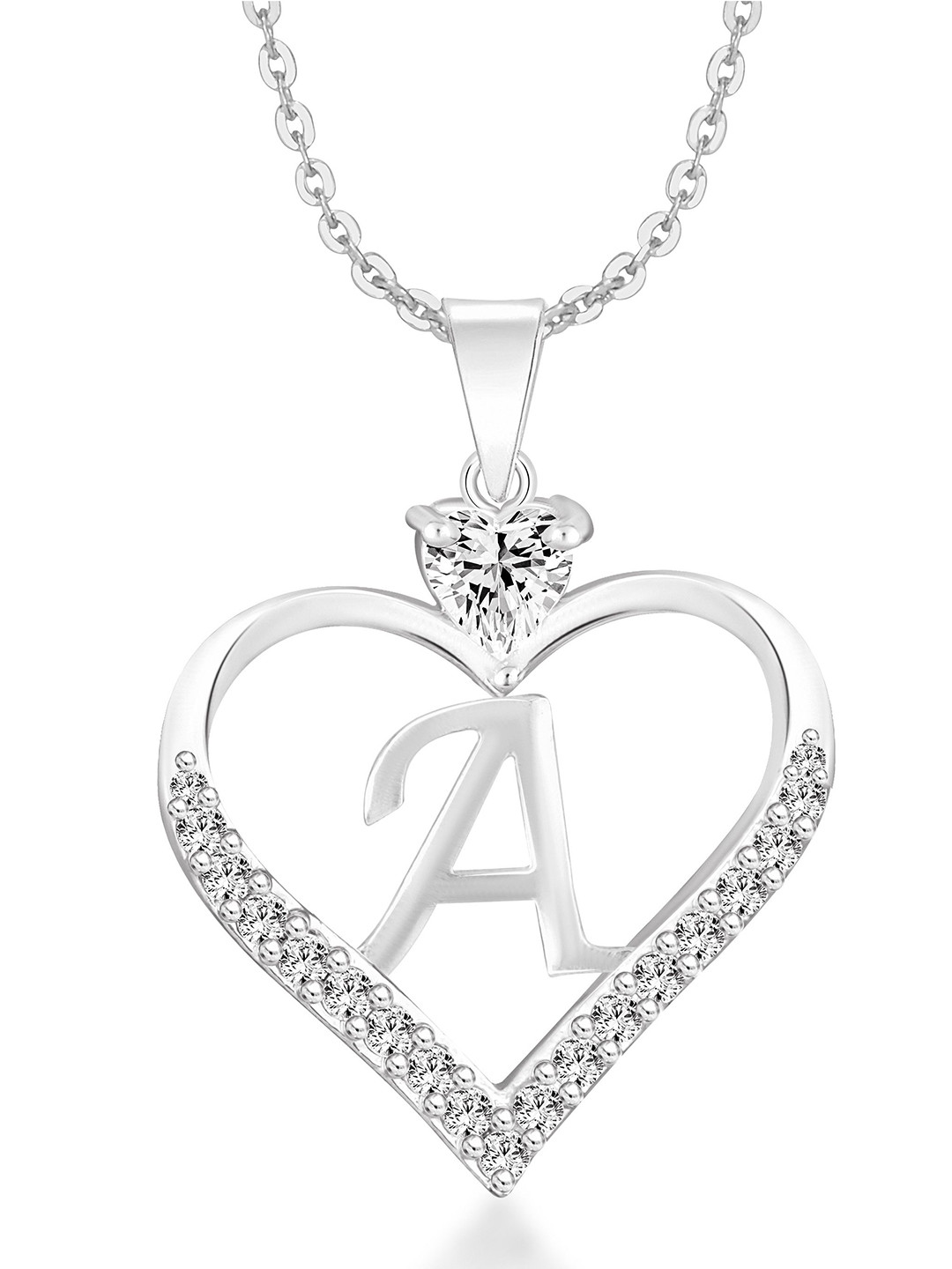 Heer Collection Cubic Zircon Studded Heart Shape Alphabet 'A' Pendant With Chain