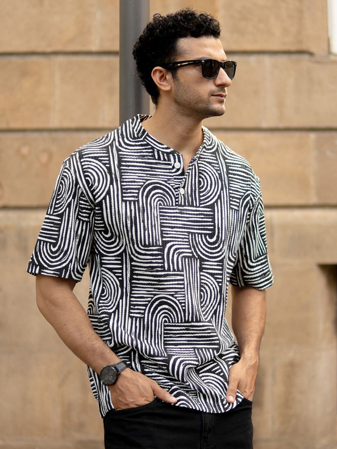 Powerlook Geometric Printed Henley Neck Drop-Shoulder Sleeves Oversized T-shirt