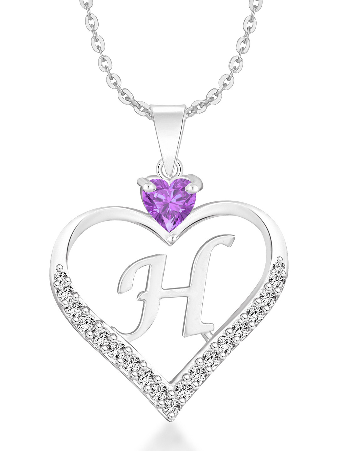 Heer Collection Cubic Zircon Studded Heart Shape Alphabet 'H' Pendant With Chain
