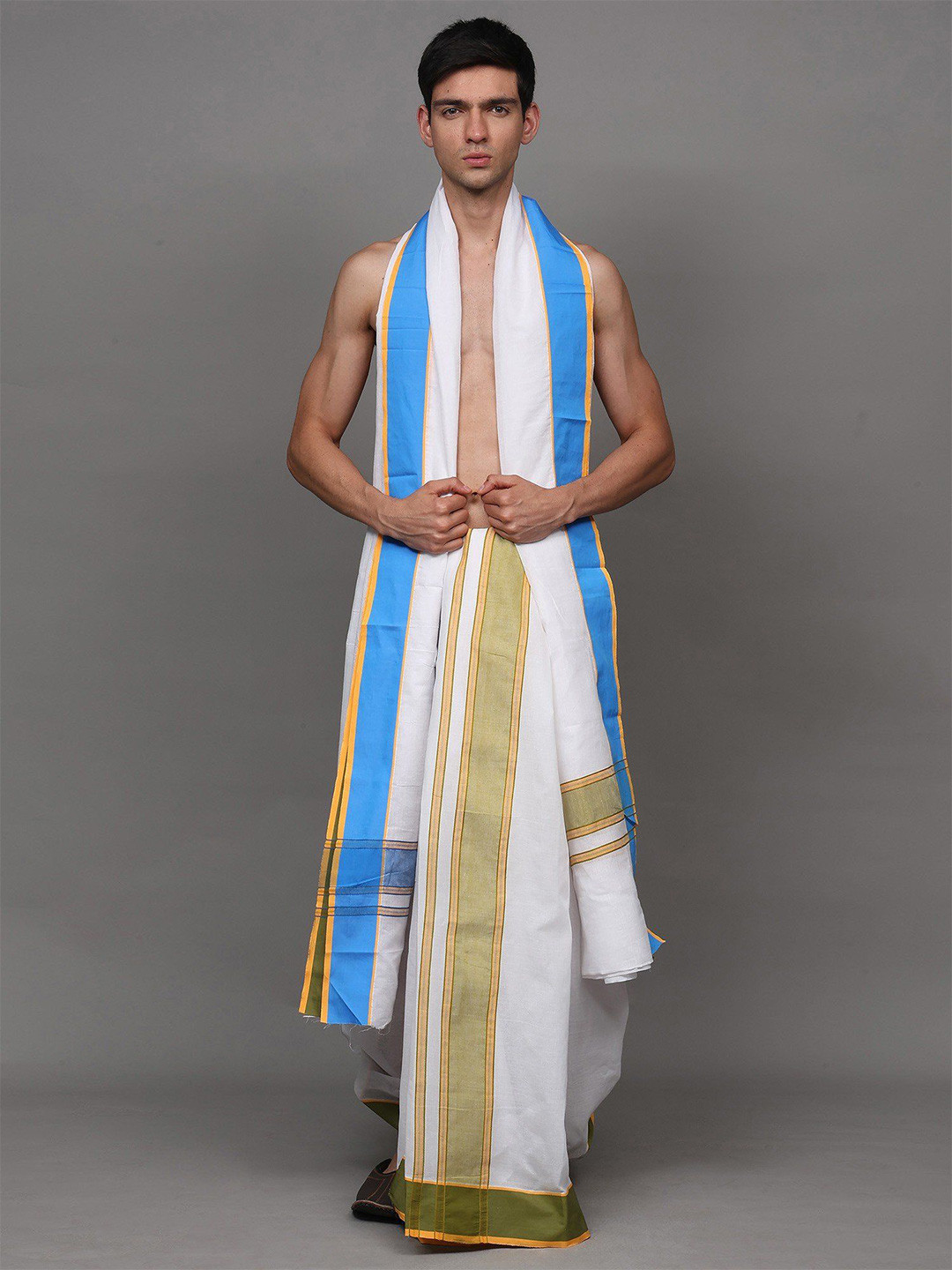 Exotic India Men Traditional Dhoti with Angavastram Set and Contrast Stripes
