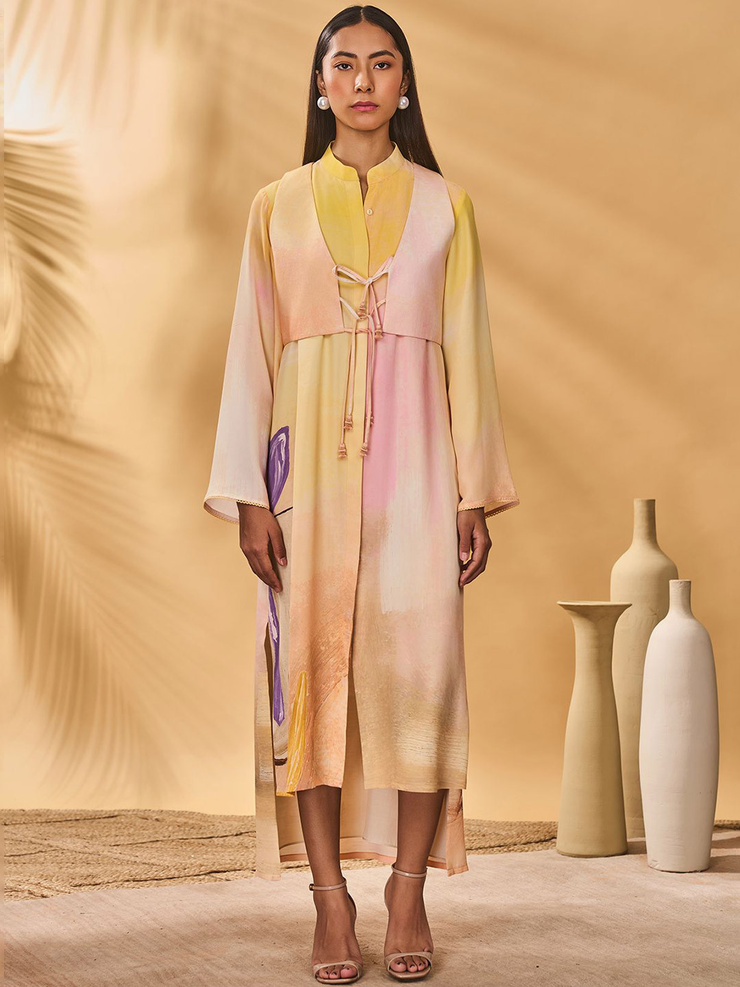 Masaba Abstract Printed Bell Sleeve Linen A-Line Glazing Symphony Maxi Dress