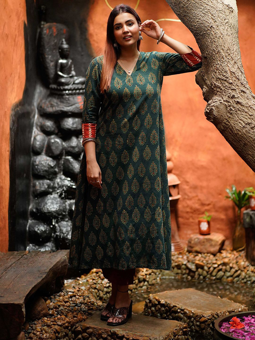 Weaves of Tradition Floral Printed Round Neck A-Line Cotton Kurta