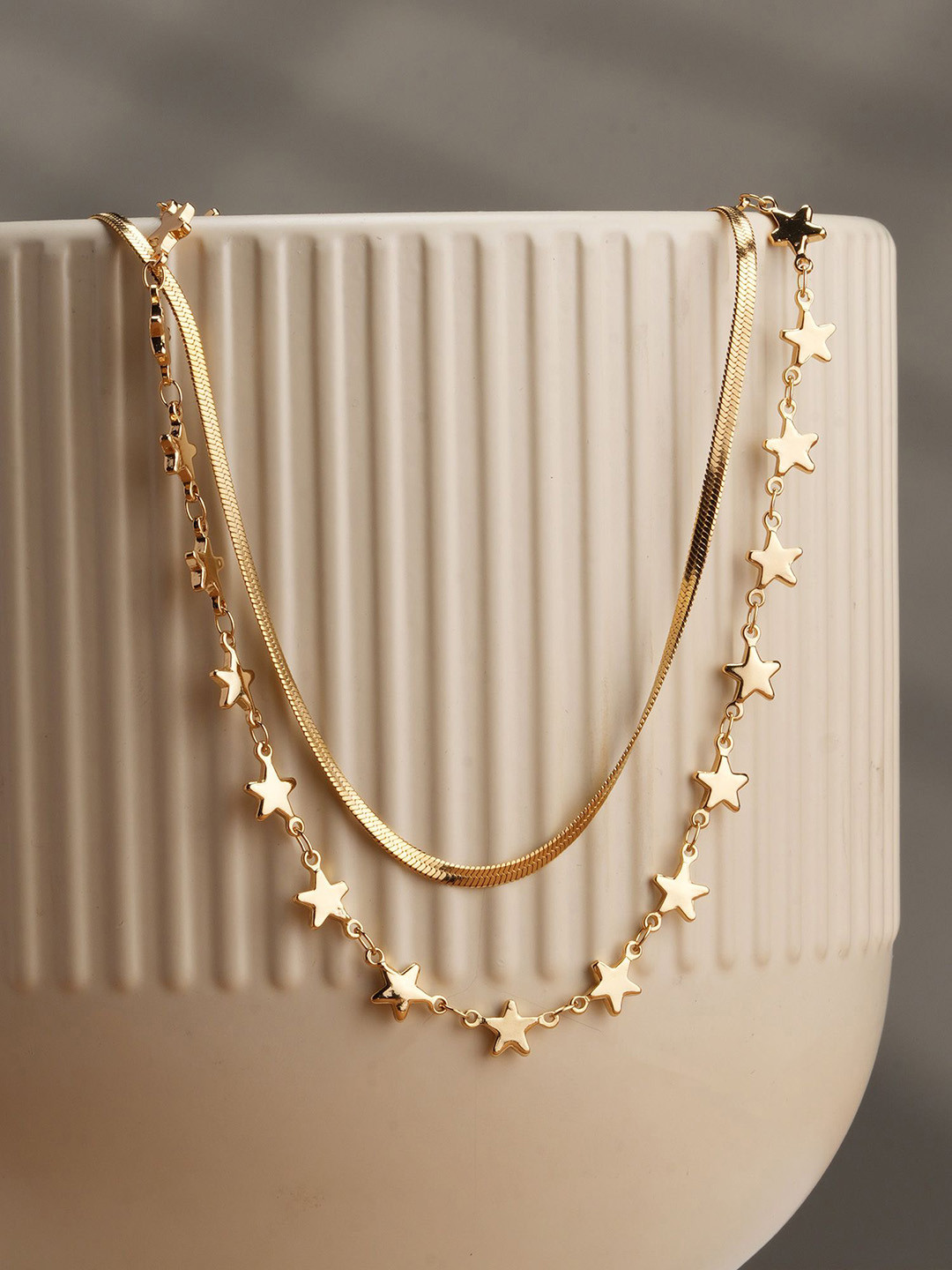 PALMONAS Gold-Plated Stainless Steel Waterproof Statement Star Grid Layered Chain
