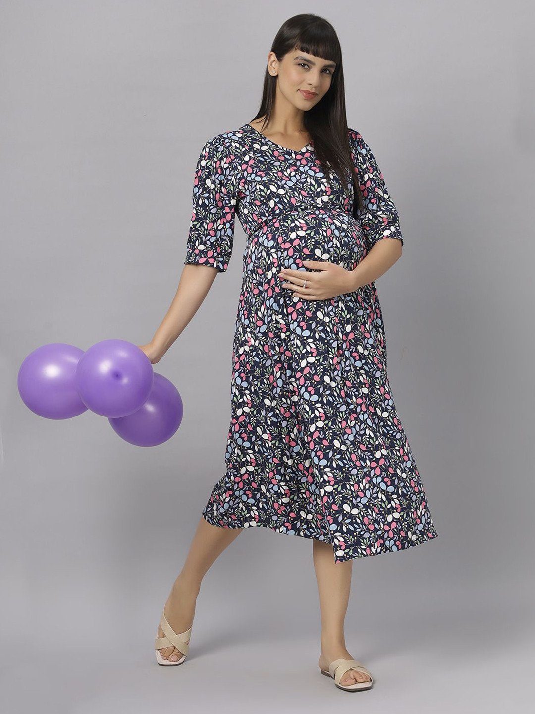 Mammas Maternity Women Floral Print Maternity A-Line Midi Dress