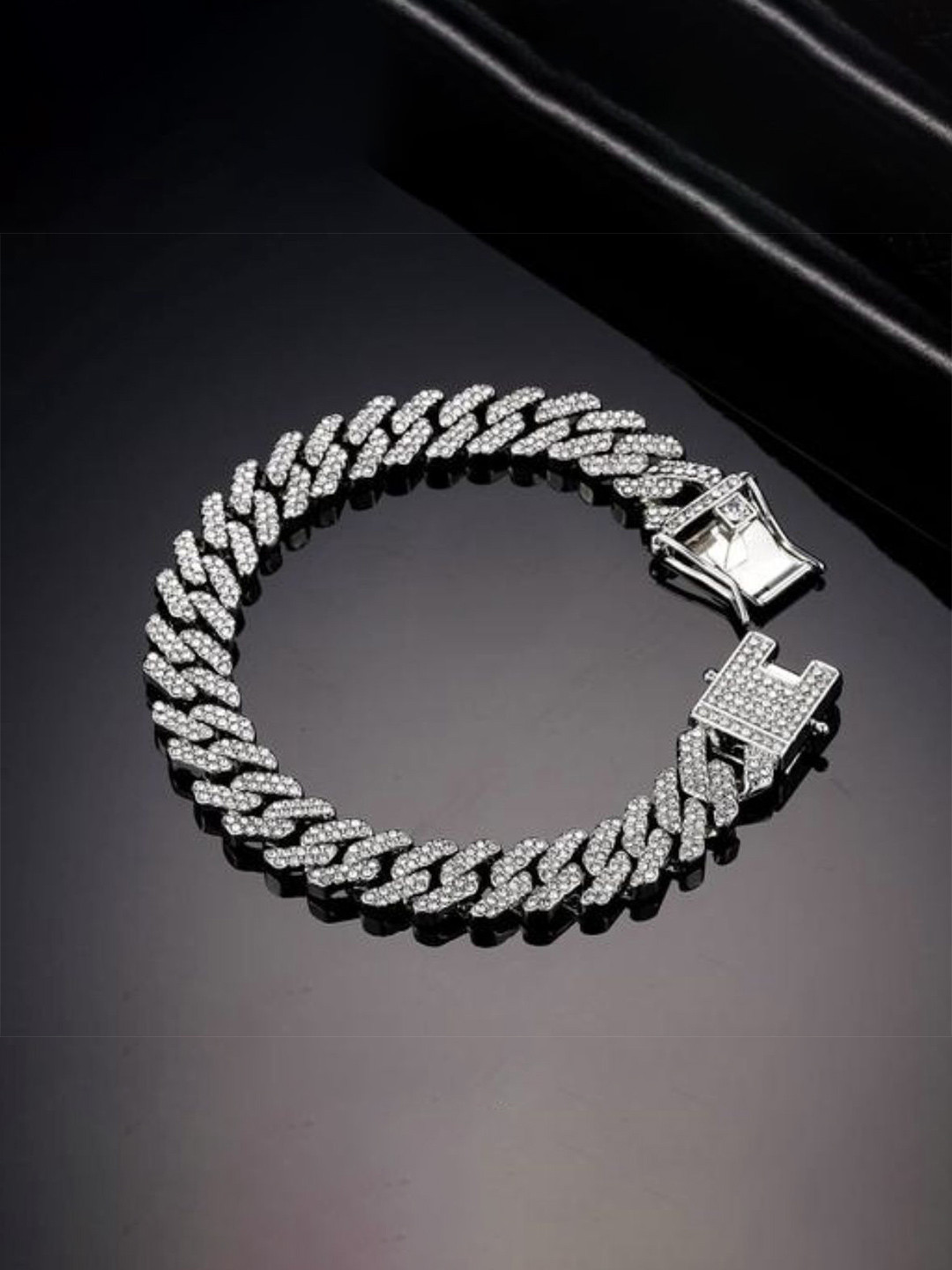 Nitant Unisex Silver-Plated AD Stones Studded Link Bracelet