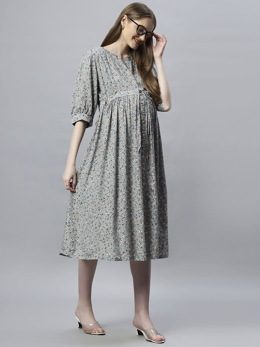 Mammas Maternity Women Ethnic Motifs Print Maternity Empire Midi Dress