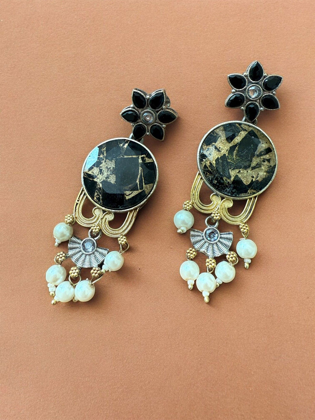 Rebekah Silver Plated Pearls Beaded Marble Fusion Dangler Contemporary Drop Earrings