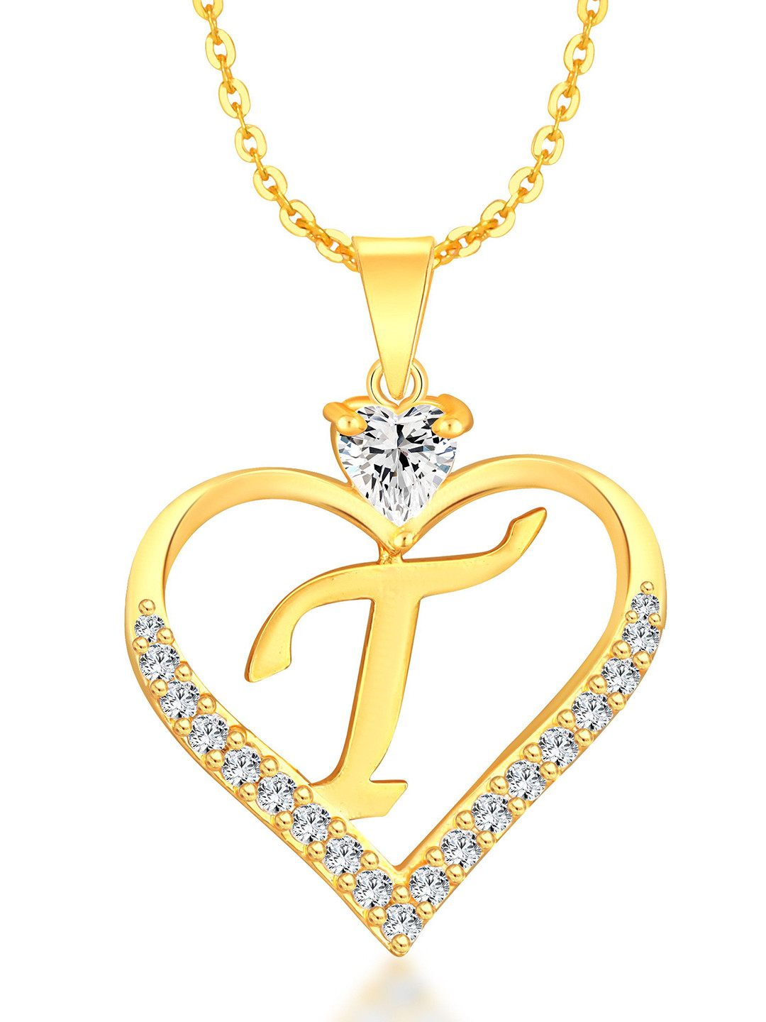 Heer Collection Cubic Zircon Studded Heart Shape Alphabet 'T' Pendant With Chain