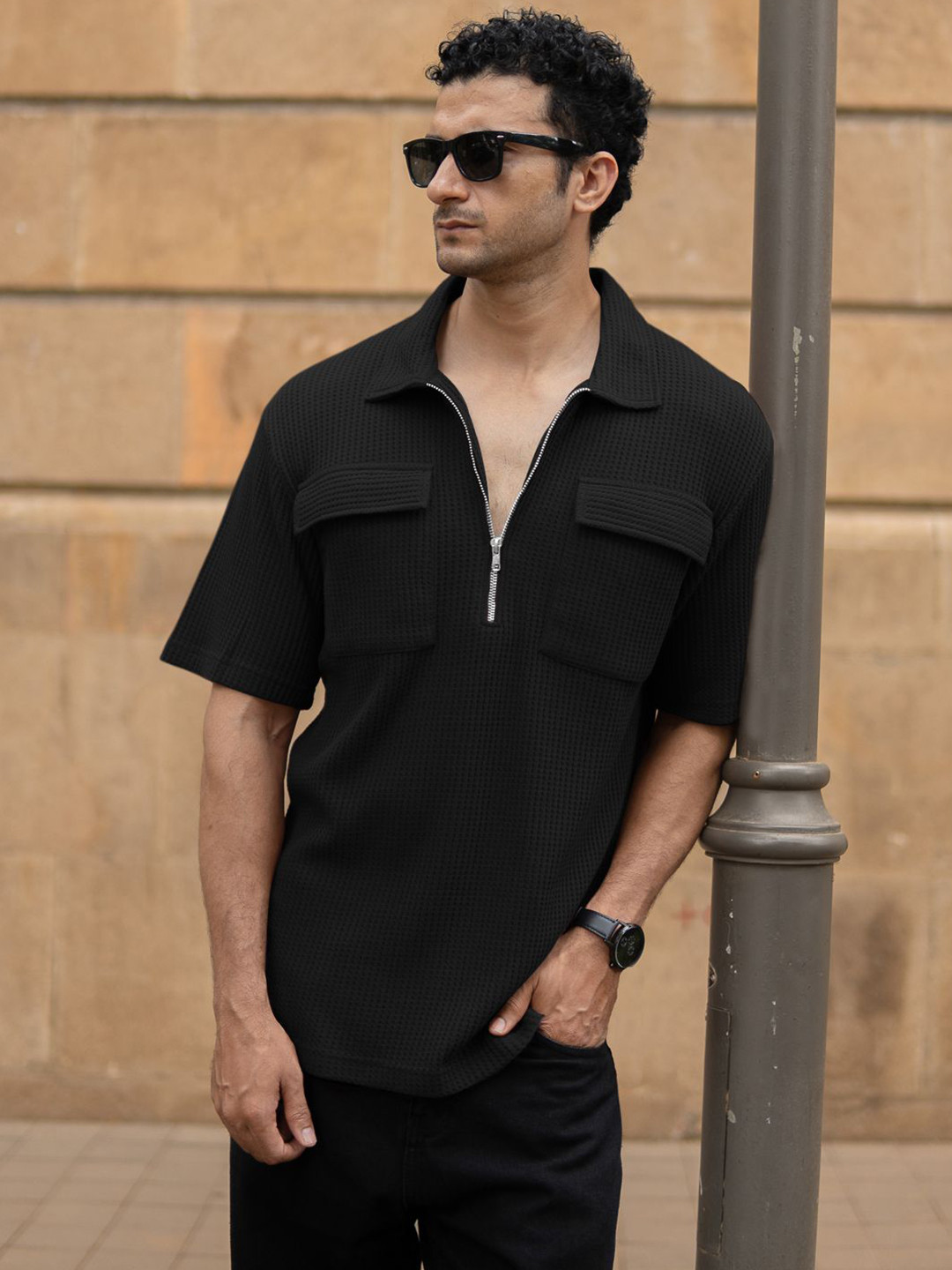 Powerlook Men Black Zipper Polo With Pockets