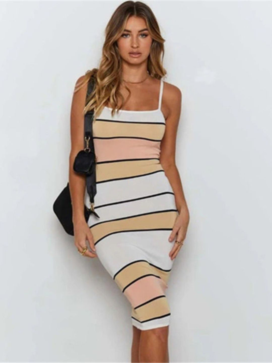 Oh Rare Shoulder Straps Suspender Contrast Striped Bodycon Dress
