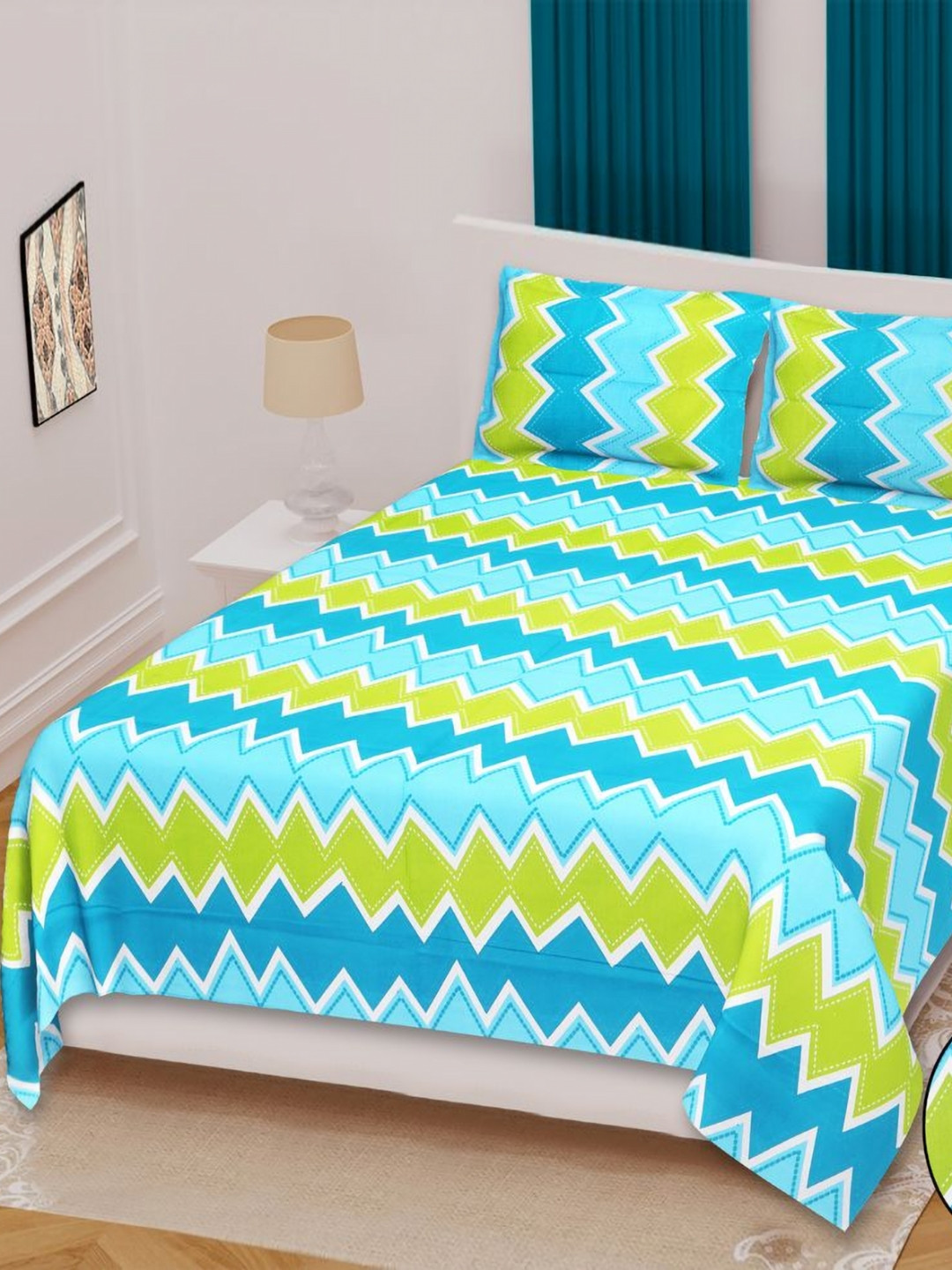 Rudra Bazaar Blue & Green Floral Cotton 210 TC Double Queen Bedsheet Set-2.75mx2.30m