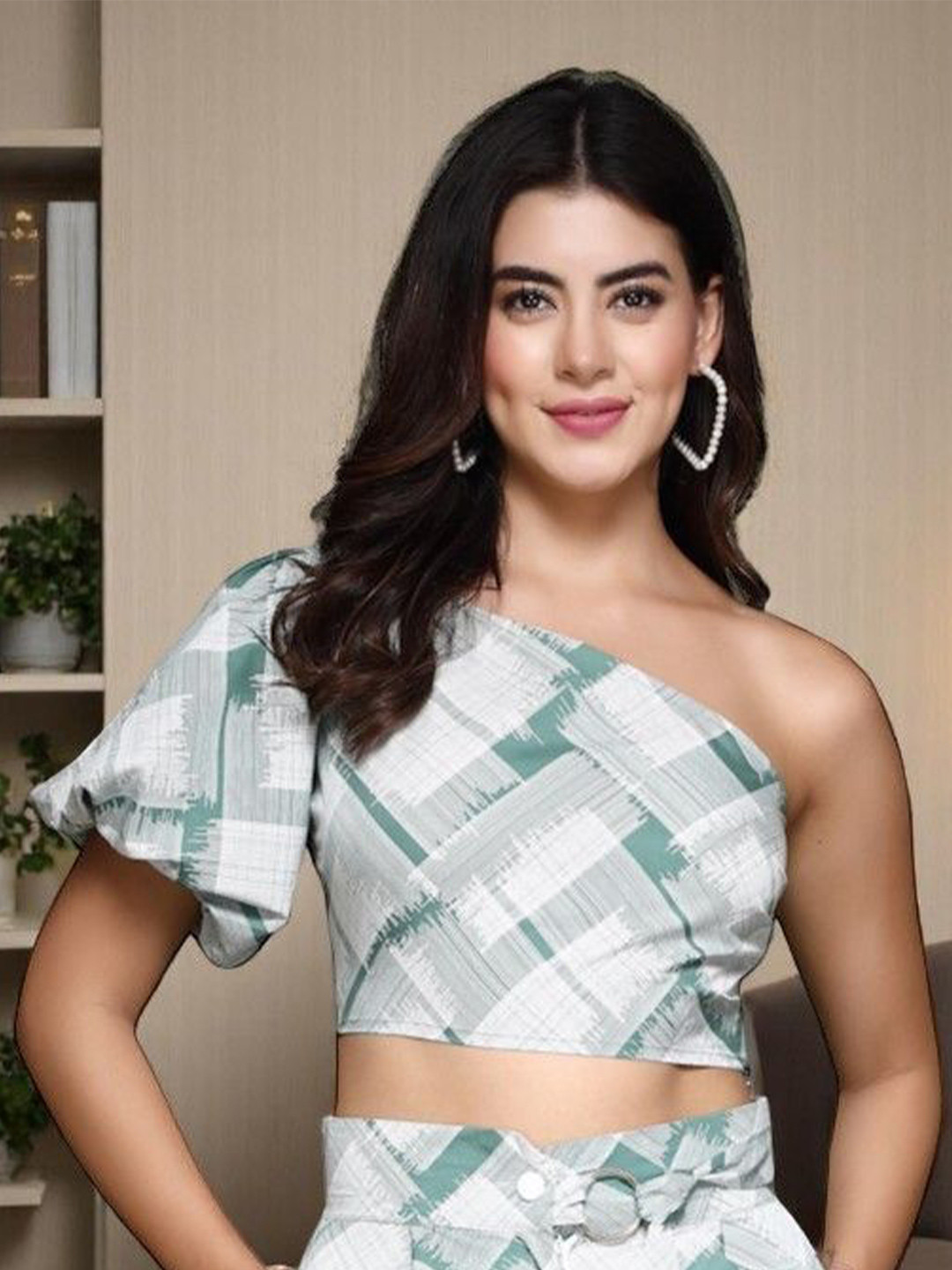 OOMPH! FACTOR Print One Shoulder Bell Sleeve Crepe Crop Top