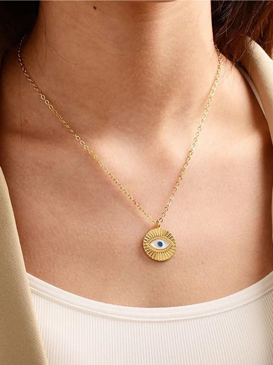 DressBerry Gold-Plated Evil Eye Round Pendant With Chain