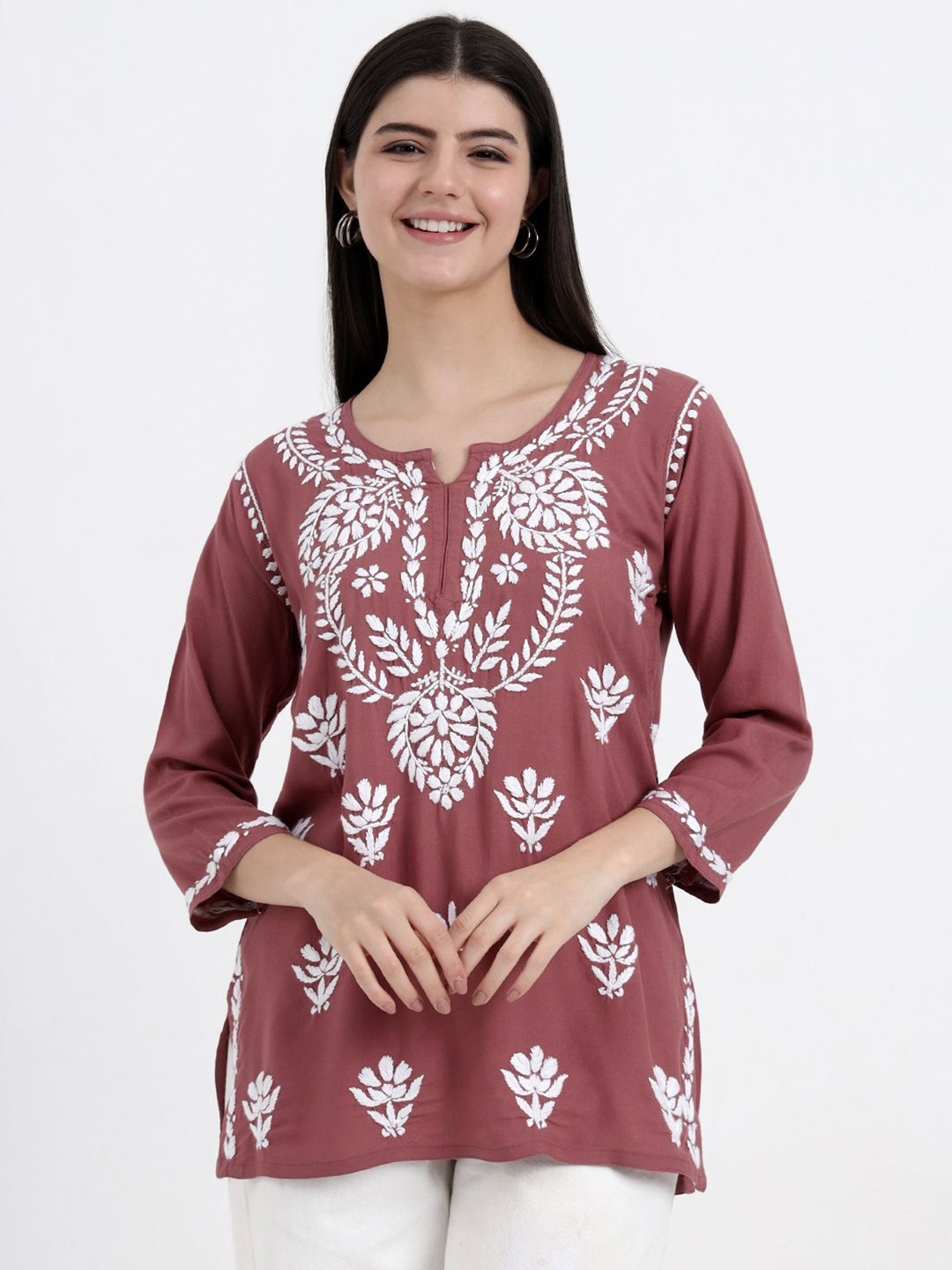 The Chikan Label Brown Chahat Rayon Chikankari Short Kurti