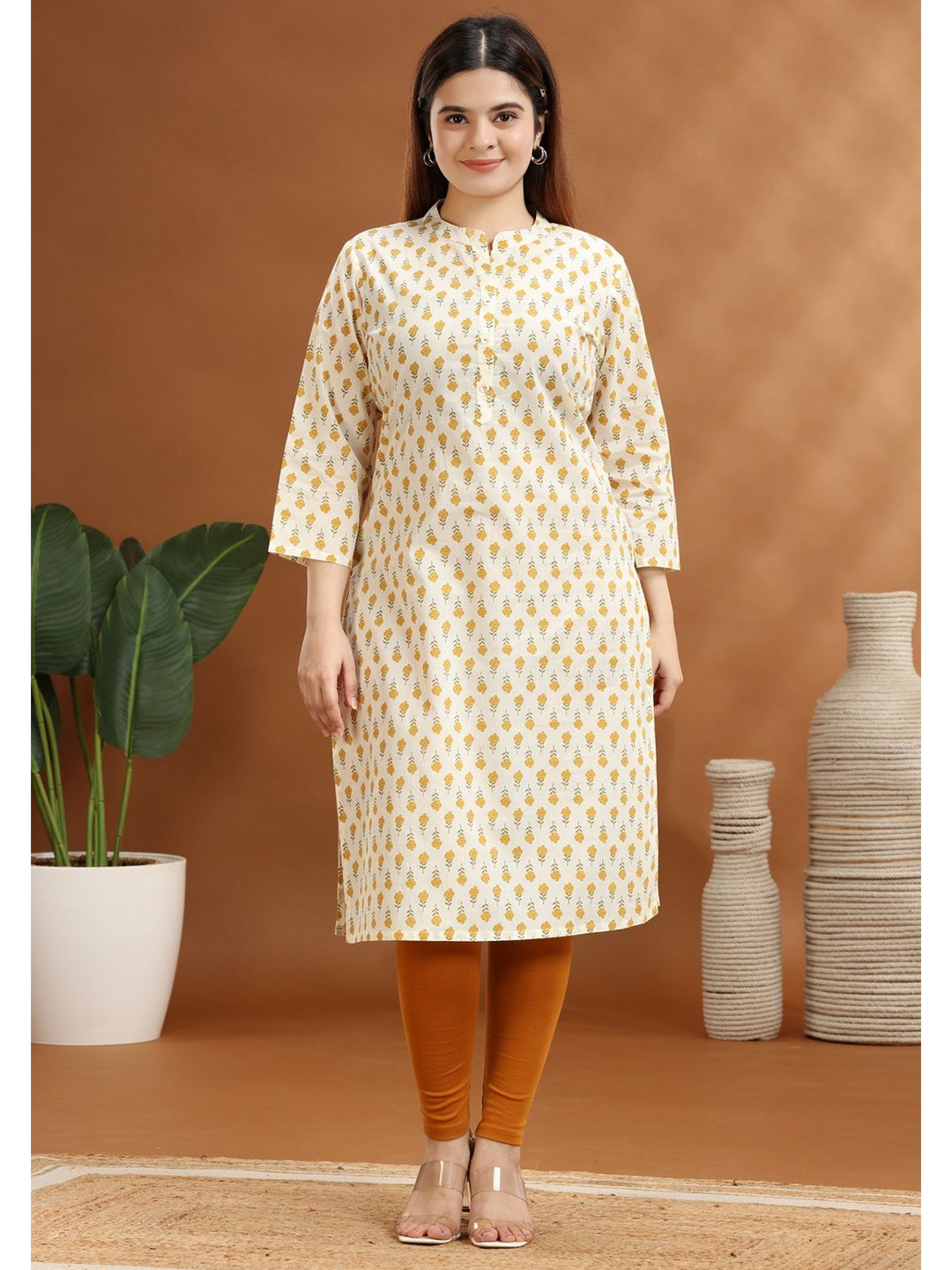 COTTON CULTURE Cream Jaipuri Cotton Straight Printed Kurta