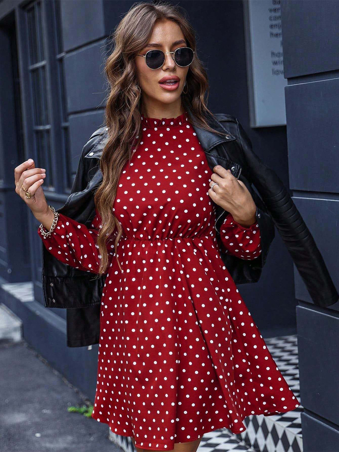 Outzidr Red Polka Dotted Mini Dress