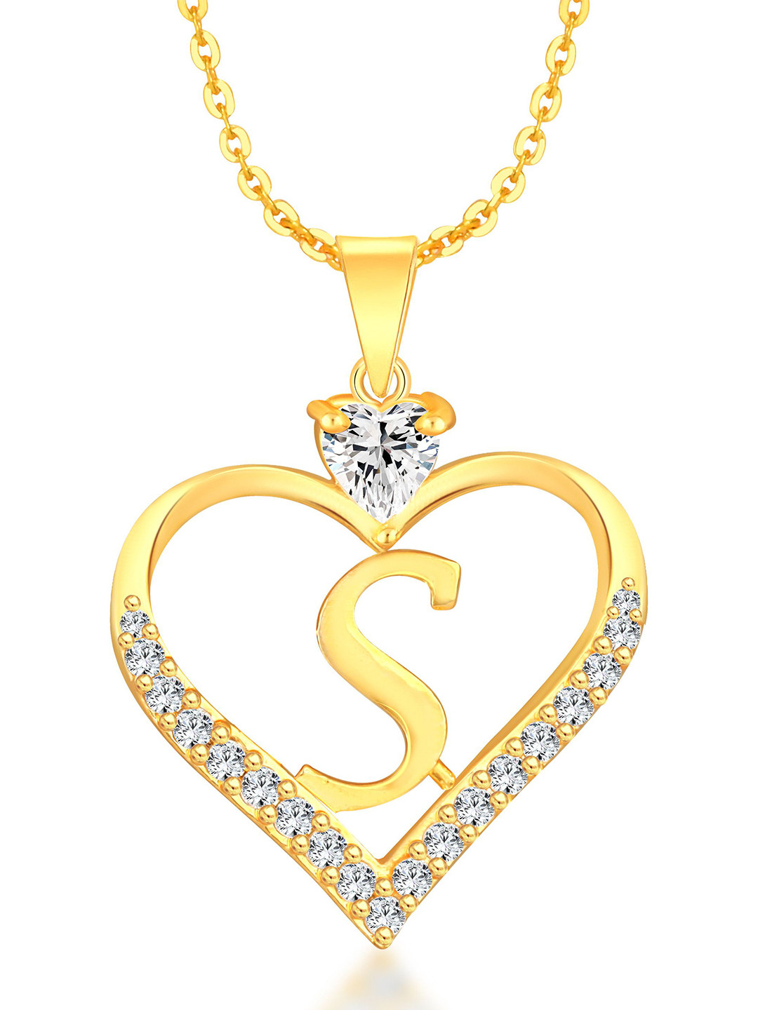 Heer Collection Cubic Zircon Studded Heart Shape Alphabet 'S' Pendant With Chain