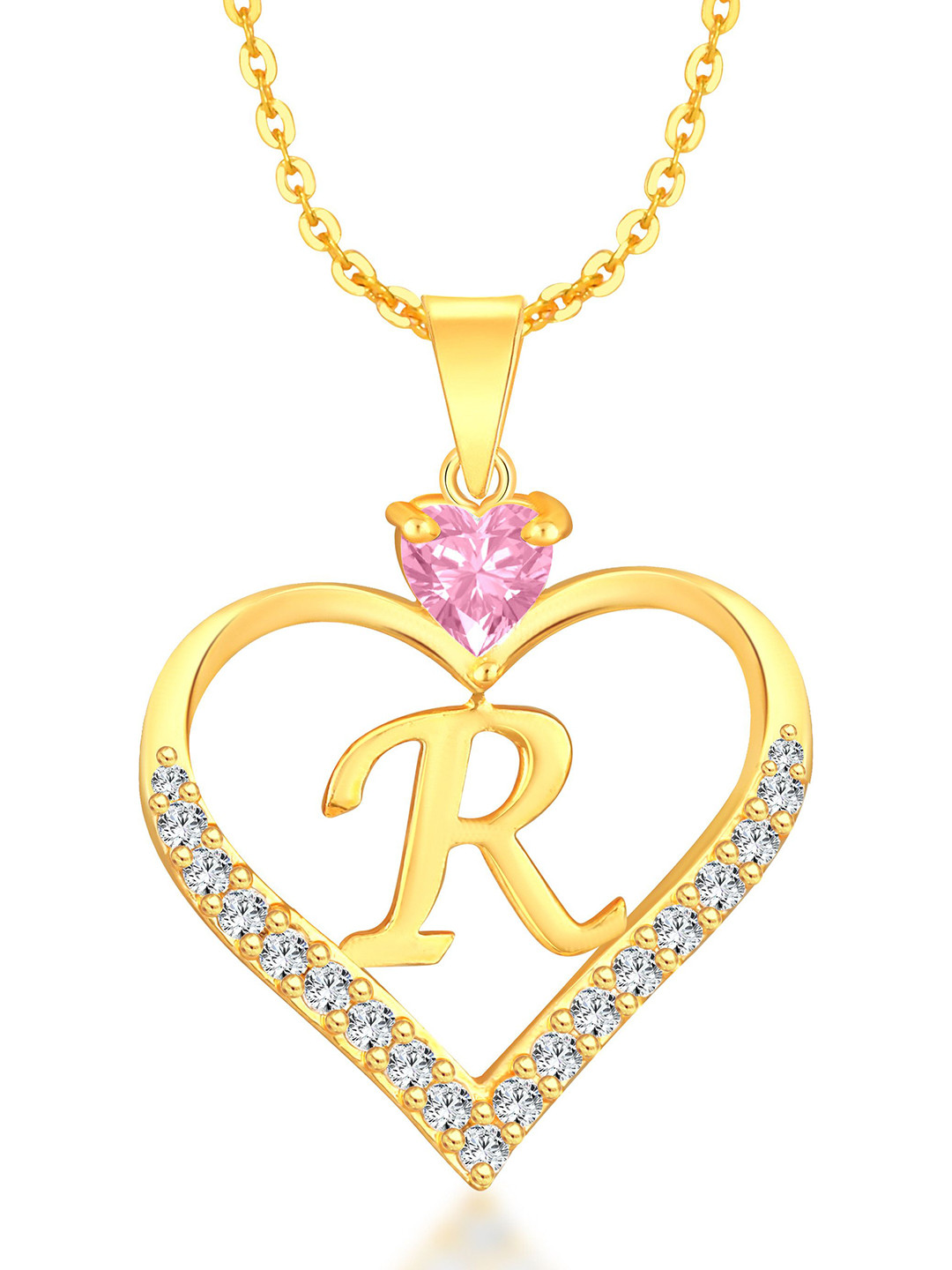 Heer Collection Cubic Zircon Studded Heart Shape Alphabet 'R' Pendant With Chain