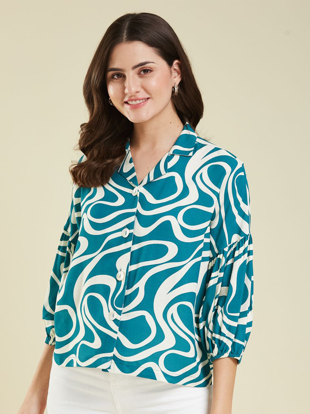 J Turritopsis Women Relaxed Fit Abstract Printed Cuban Collar Casual Shirt